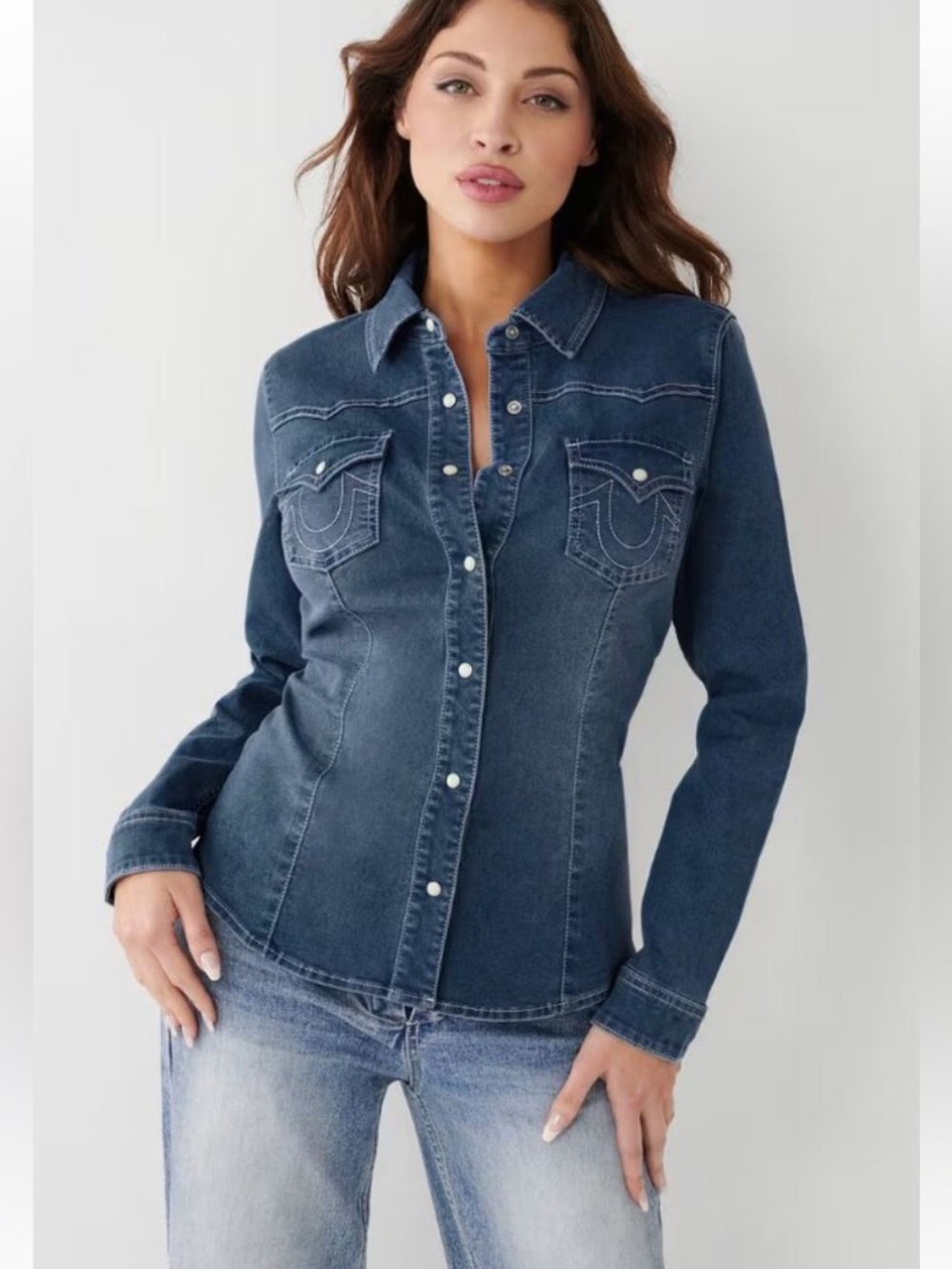 NWT True Religion Western Denim Snap Front Long Sleeve Shirt Flap Pockets Size L